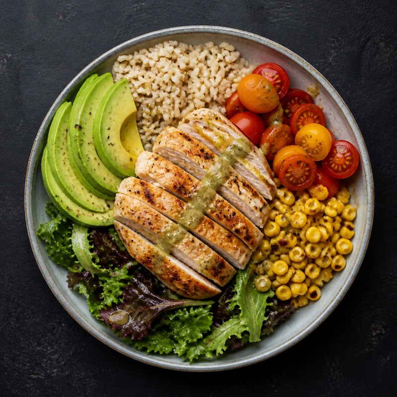 Chicken bowl with rice, avocado, tomatoes, corn, and greens